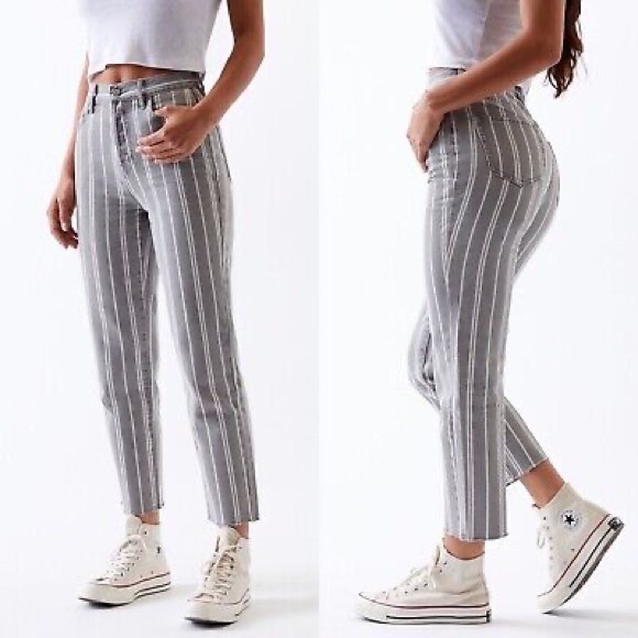 PacSun High Rise Straight Leg Gray White Striped Raw Hem Ankle Length Jeans - Picture 1 of 8